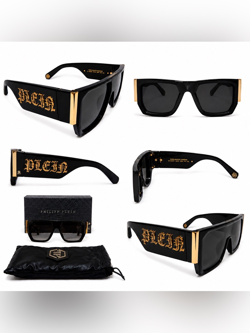 Philipp Plein Black Rectangular Sunglasses with Gold Logo Temples - Picture 4 of 5